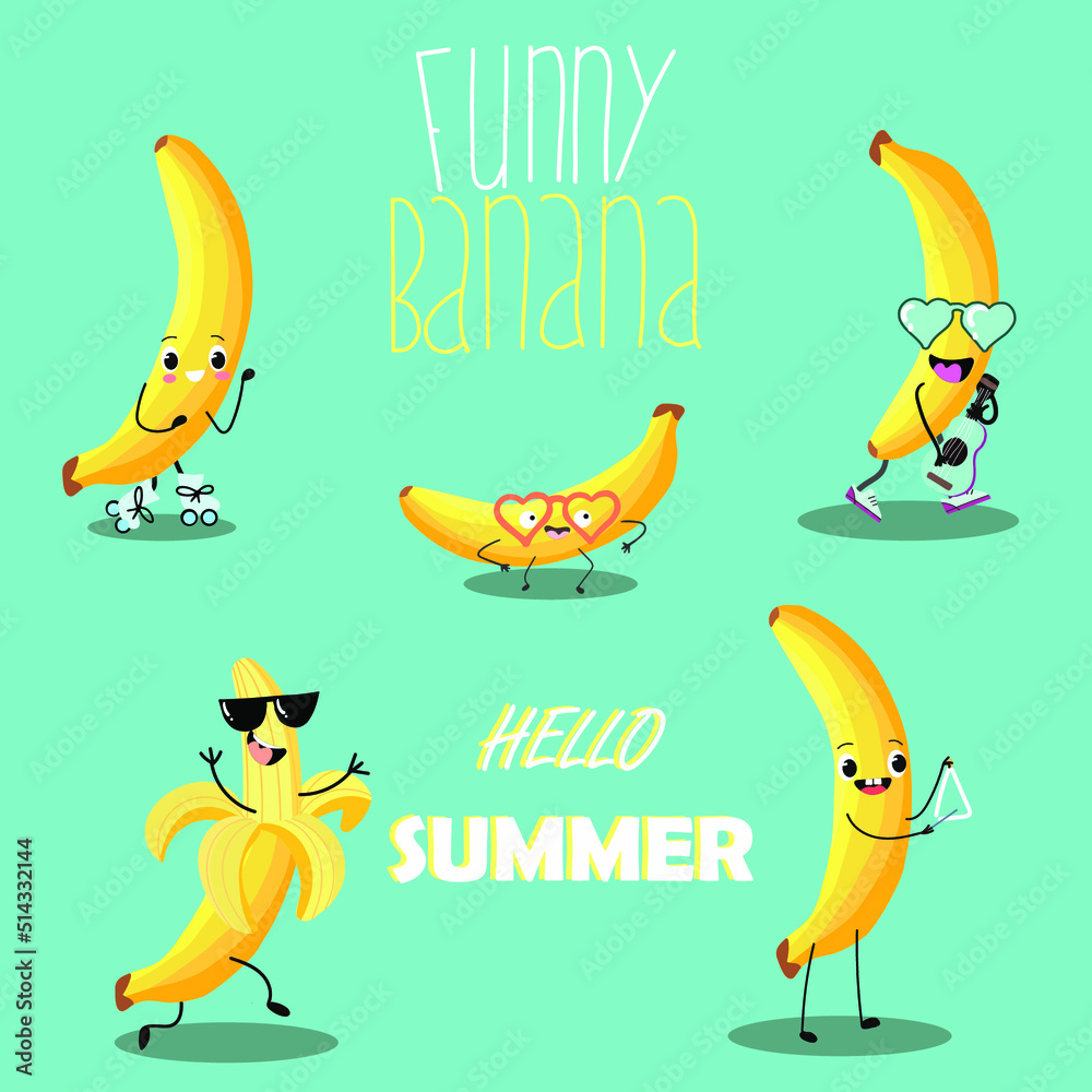 Set of vector illustrations of 5 funny crazy banana, cartoon character, banana on roller skates, with a guitar or ukulele, wearing glasses, with a musical instrument triangle, lettering funny banana. Set of vector illustrations of 5 funny crazy banana, cartoon character, banana on roller skates, with a guitar or ukulele, wearing glasses, with a musical instrument triangle, lettering funny banana.