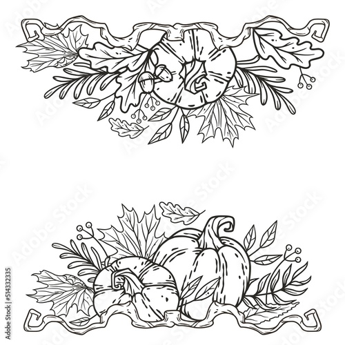 Autumn september composition with pumpkin candle and leaves. Halloween october invitation design, trick or treat decor