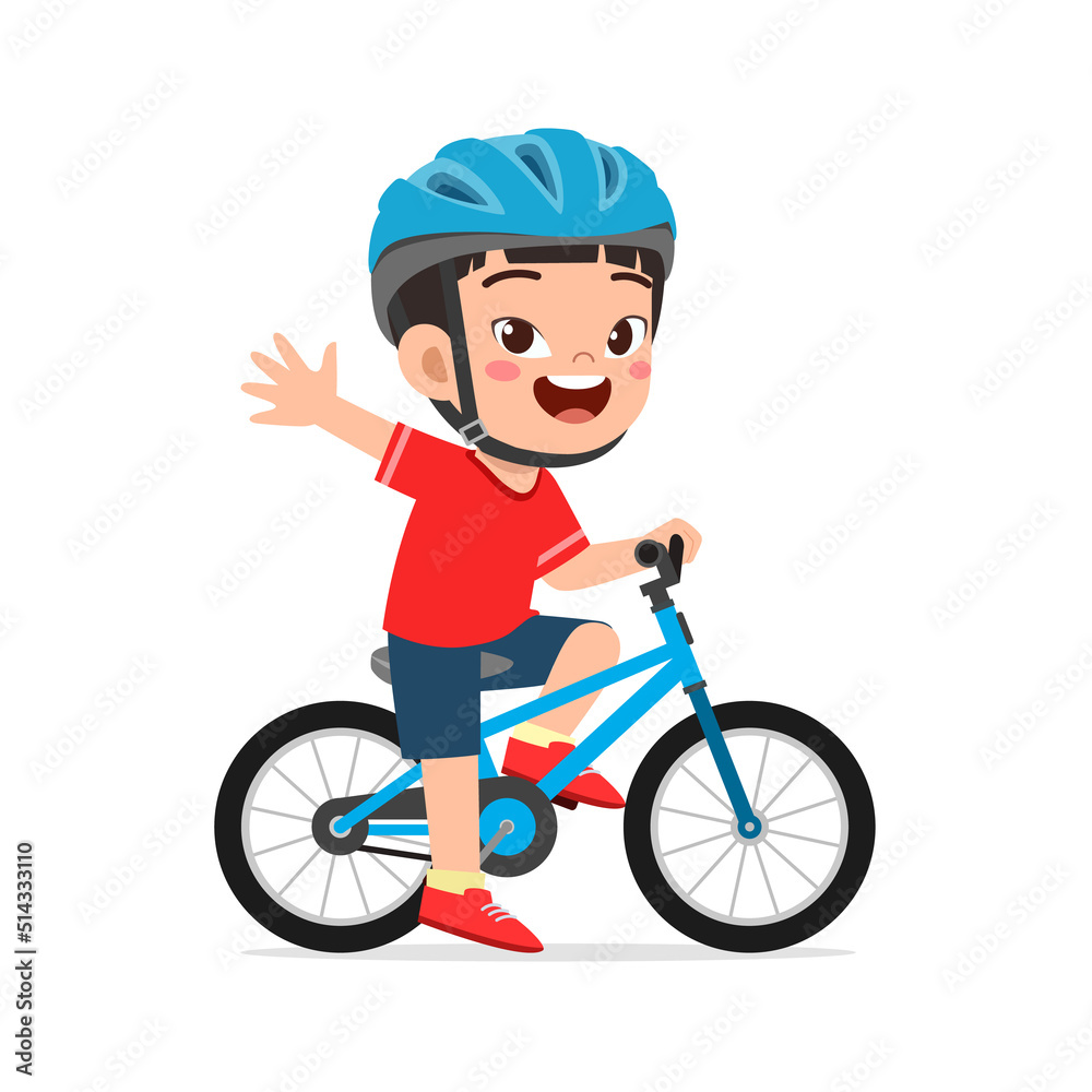 Naklejka premium little kid ride bike and wear helmet