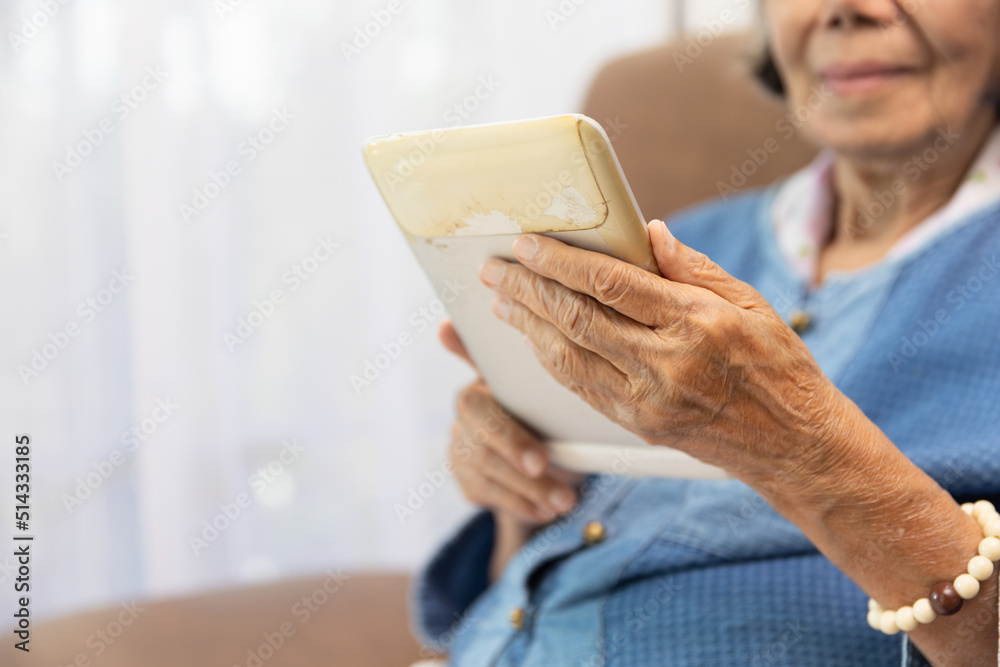 Elderly woman browsing Internet on old tablet in living room.