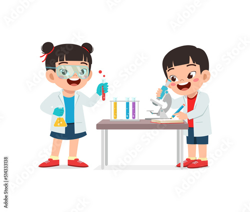 little kids wear white coat and do research