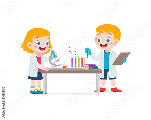 little kids wear white coat and do research