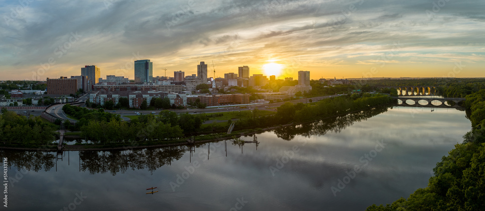 Aerial view of downtown New Brunswick and Rutgers University as the sun ...