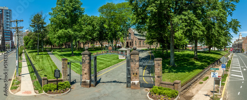 Panoramic elevated view of the entrance to the oldest part of Rutgers University in New Brunswick New Jersey