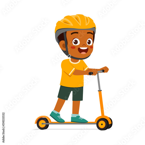 little kid ride scooter and wear helmet