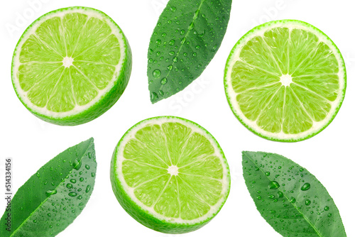 Green lime slices with leaf has water drop isolated on white background.