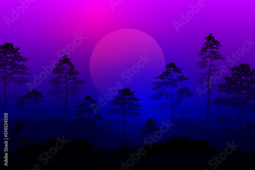 Forest in the night view, with moon, trees and purple and blue sky