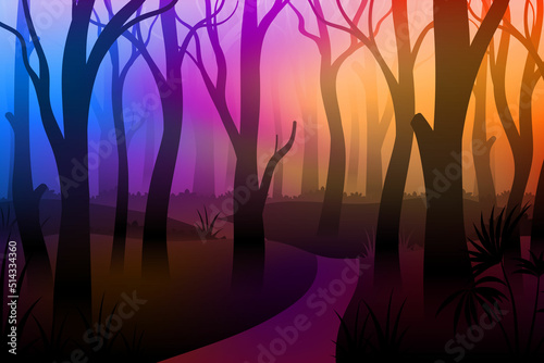 Colorful Mystical foggy forest with footpath and trees
