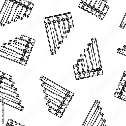 Pan flute seamless vector pattern. Hand drawn wooden musical instrument. Multi-barrel pipe isolated on white background. Device for classical melodies, folk, concerts. Monochrome outline