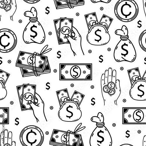 American money seamless vector pattern. Banknotes, coins, hand holding currency, bills in wallet, USA dollars, cents. Monochrome elements isolated on white background. Bank symbols