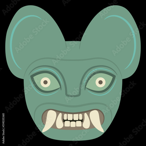 Jaguar head. Mask of totem cat with fangs. Moche art from ancient Peru. Native American art of Peruvian Indians. On black background.