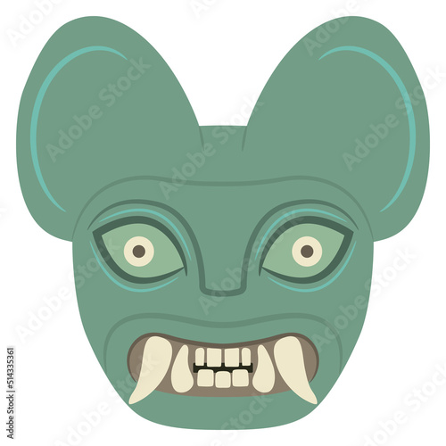 Jaguar head. Mask of totem cat with fangs. Moche art from ancient Peru. Native American art of Peruvian Indians. Isolated vector illustration.