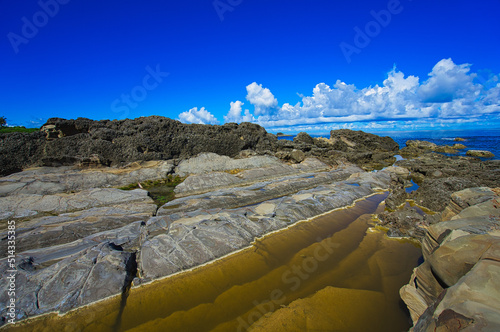 The erosion of the ocean and weathering. Forms strange rocks and stones. Fugang Geopark (Xiaoyeliu), Natural stone sculptural park. Taitung County, Taiwan. 2022 photo