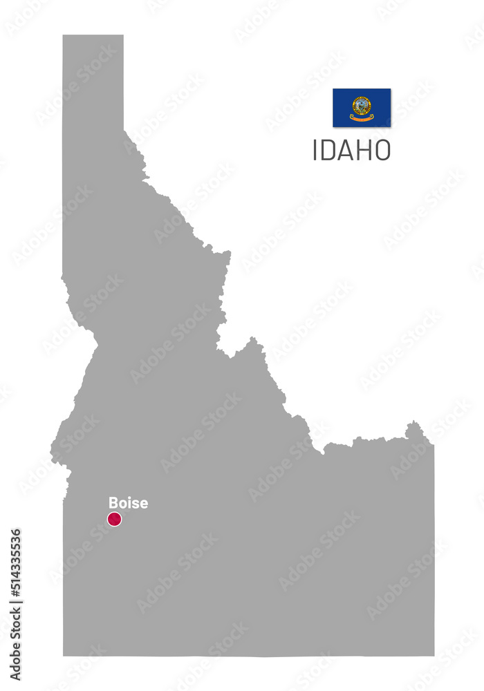 Gray map of Idaho USA Northwestern federal region. Silhouette of Idaho outline editable map with borders and flag of American federal state realistic vector illustration