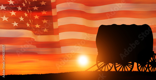 American settler on national flag background. USA. Pioneer. Fototapet