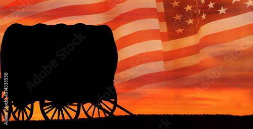 Photo American settler on national flag background. USA. Pioneer.