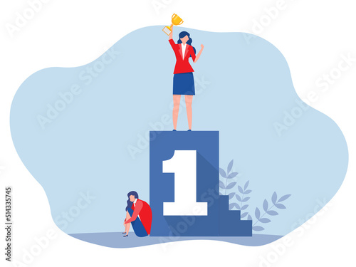 Imposter syndrome.woman standing on number one reward with Anxiety and lack of self-confidence at work; the person fakes is someone else concept vector illustrator