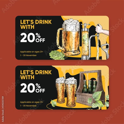 Voucher template with craft beer concept,watercolor style