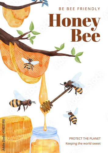 Poster template with honey bee concept,watercolor style
