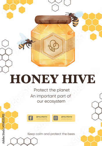 Poster template with honey bee concept,watercolor style
