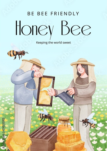 Poster template with honey bee concept,watercolor style