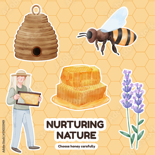 Sticker template with honey bee concept,watercolor style