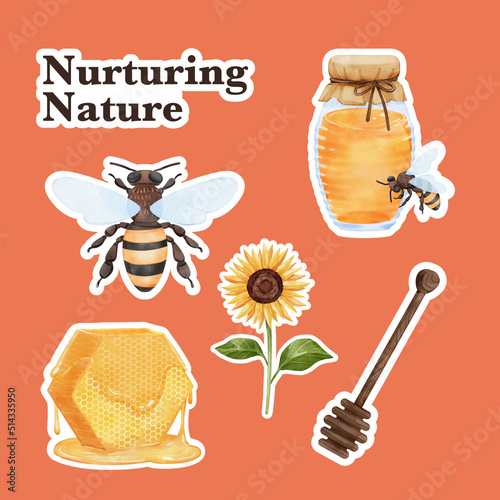 Sticker template with honey bee concept,watercolor style
