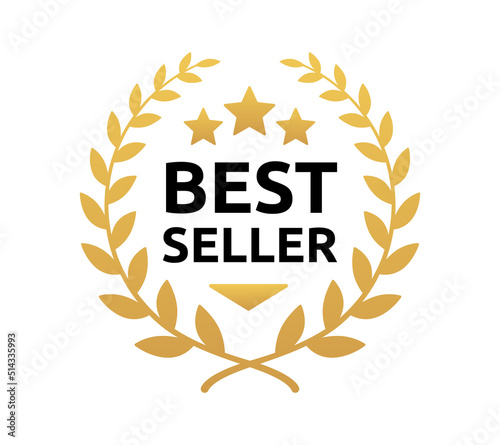 Best seller icon with golden laurel wreath symbol illustration. Bestseller label award for top product.