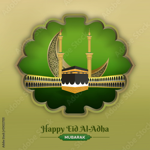 Islamic hajj and eid al adha greeting card with kaaba mosque and crescent moon
