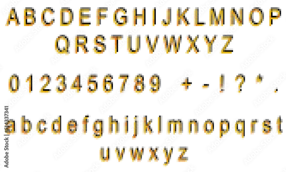 Latin letters, numbers and symbols in pixel art style on a white background. Graphic illustration. Latin letters, numbers and symbols in pixel art style on a white background. Graphic illustration.
