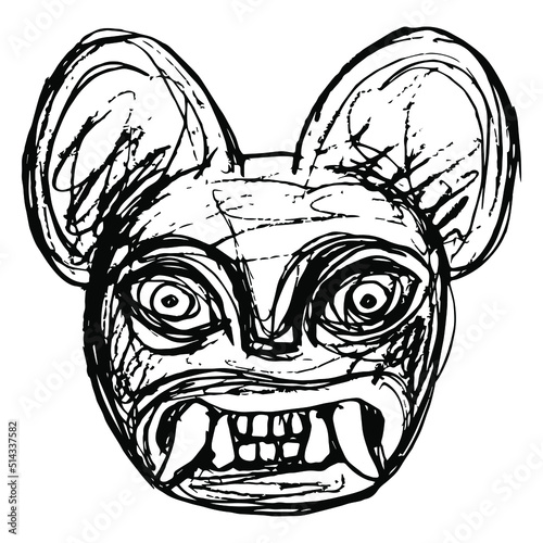 Jaguar head. Mask of totem cat with fangs. Moche art from ancient Peru. Native American art of Peruvian Indians. Hand drawn linear doodle rough sketch. Black silhouette on white background.