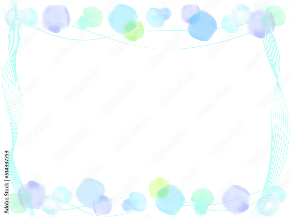 水彩で描かれた丸い水玉と波線の抽象フレーム背景イラスト