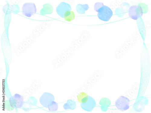 水彩で描かれた丸い水玉と波線の抽象フレーム背景イラスト