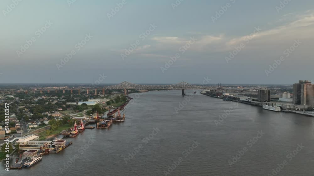 Aerial view of the Mississippi River bridge and the city of New Orleans and Algiers Point Aerial view of the Mississippi River bridge and the city of New Orleans and Algiers Point