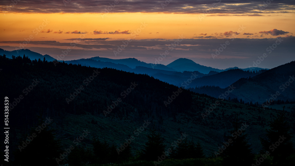 Sunrise from the Prislop Pass between Maramures and Rodna Mountains, Carpathians, Romania. Sunrise from the Prislop Pass between Maramures and Rodna Mountains, Carpathians, Romania.