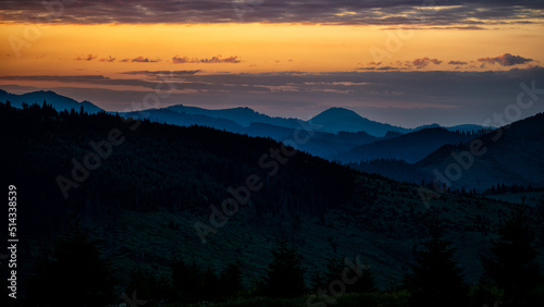 Sunrise from the Prislop Pass between Maramures and Rodna Mountains, Carpathians, Romania.