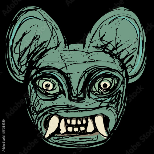 Jaguar head. Mask of totem cat with fangs. Moche art from ancient Peru. Native American art of Peruvian Indians. Hand drawn colorful rough sketch. On black background.