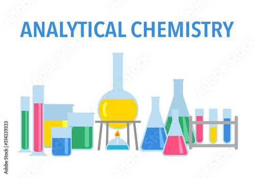Laboratory glassware equipment for chemical lab in flat design. Beaker, erlenmeyer flask, volumetric flask, measuring cylinder, test tubes. Analytical chemistry concept vector illustration.