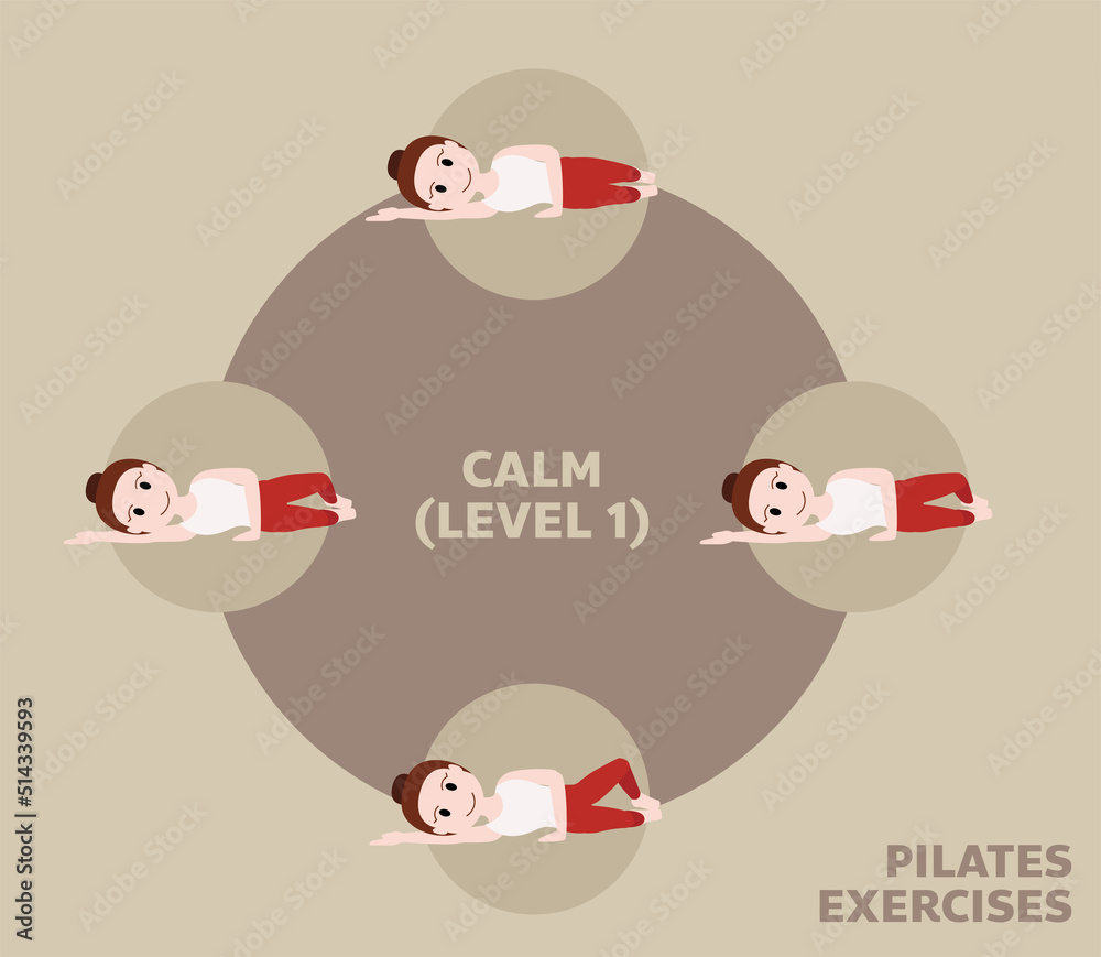 Pilates Moves Exercises Calm Level 1 Cute Cartoon Vector Illustration