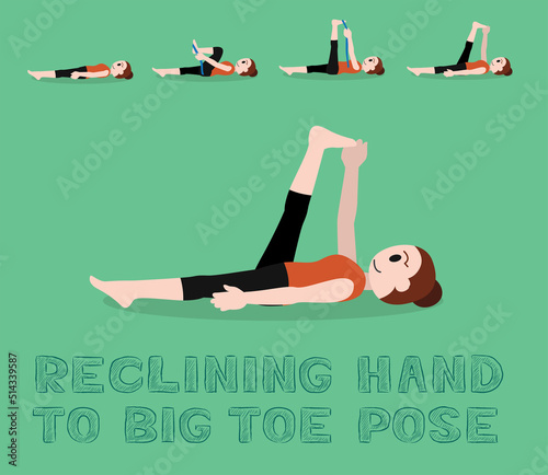 Yoga Tutorial Reclining Hand to big toe Pose Cartoon Vector Illustration