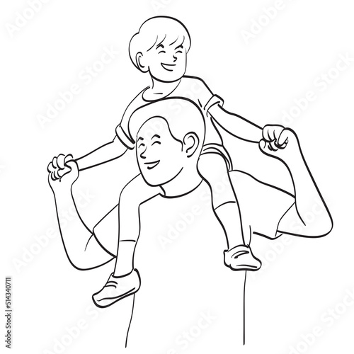line art smiling son riding on father neck with happiness illustration vector hand drawn isolated on white background