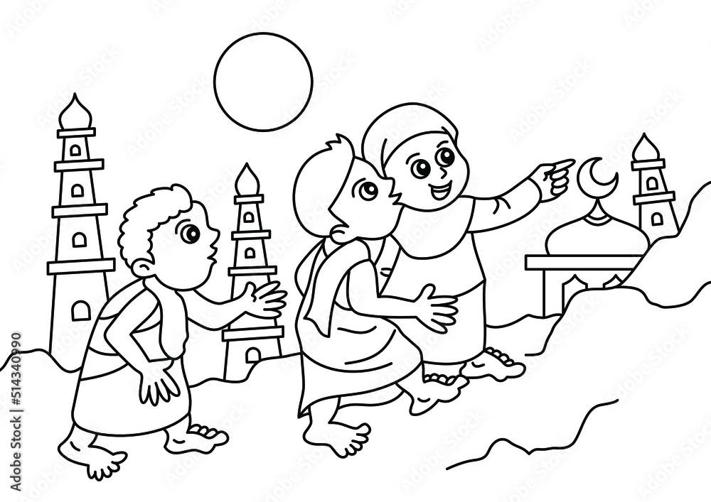Islamic children character coloring page or book for kids