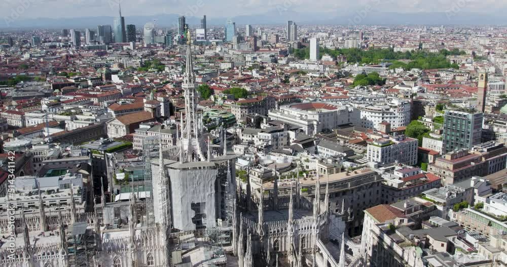 Top drone view of restoration at historic Milan Cathedral, Italy Top drone view of restoration at historic Milan Cathedral, Italy