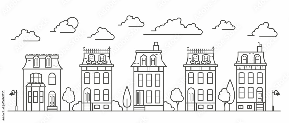 European buildings skyline. Linear cityscape with various row houses. Outline illustration with old Dutch buildings.