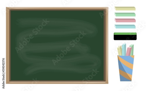 Set of green empty chalkboard, various chalk and a rubber, isolated on white background