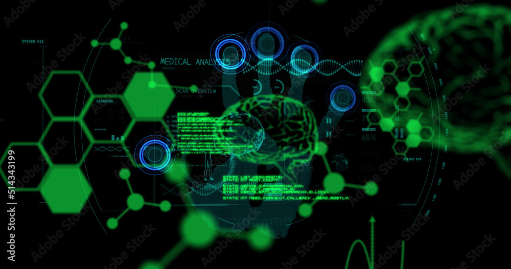 Image of chemical formulas and data processing over brains on black background