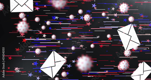Multiple envelope icons and Covid-19 cells moving against light trails and stars on black background