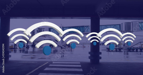 Image of wifi digital icons floating over airport
