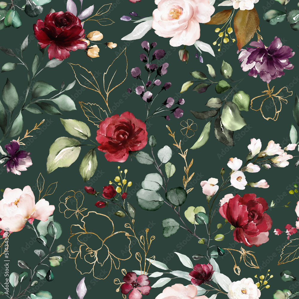seamless floral watercolor pattern with garden flowers roses, wildflowers, leaves, branches. Botanical tile, background.
