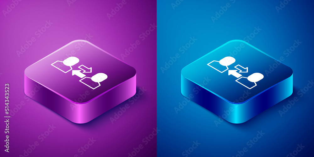 Isometric Exchange work icon isolated on blue and purple background. Information exchange between people. Employee or people Replacement or swap position concept. Square button. Vector Isometric Exchange work icon isolated on blue and purple background. Information exchange between people. Employee or people Replacement or swap position concept. Square button. Vector